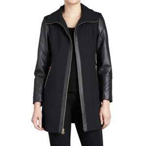 MK Black Faux-leather-trim Wool Coat sz 10